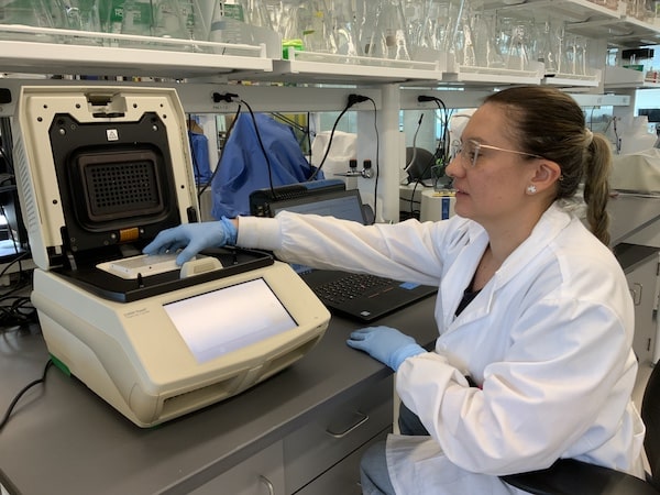 Kelly inserting plate into lab equipment